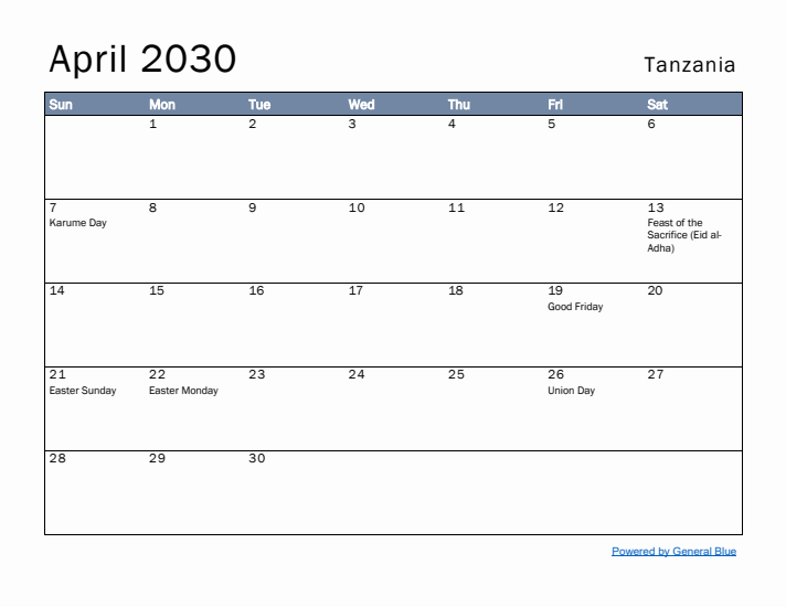 April 2030 Simple Monthly Calendar for Tanzania