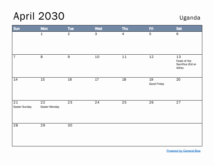 April 2030 Simple Monthly Calendar for Uganda