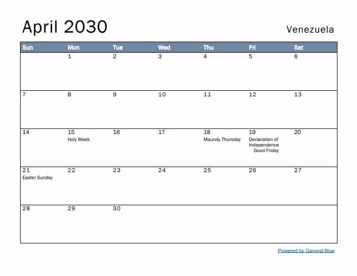 April 2030 Simple Monthly Calendar for Venezuela