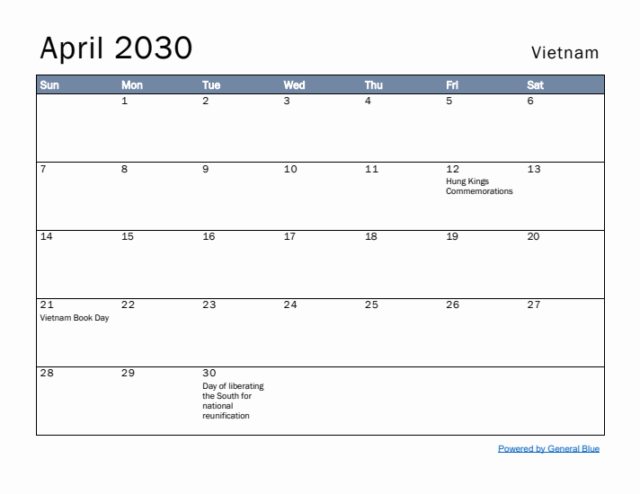 April 2030 Simple Monthly Calendar for Vietnam