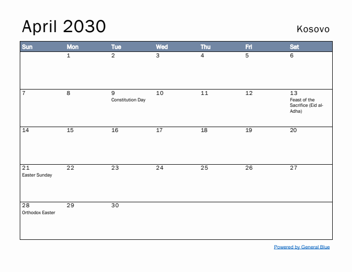 April 2030 Simple Monthly Calendar for Kosovo