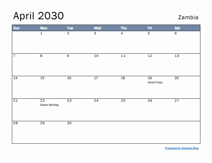 April 2030 Simple Monthly Calendar for Zambia