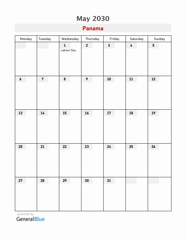 Panama May 2030 Calendar with Holidays