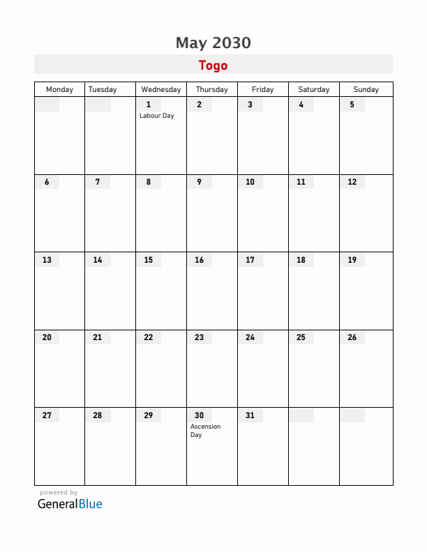 Togo May 2030 Calendar with Holidays
