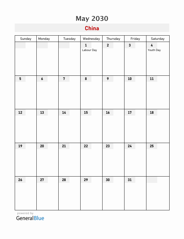 China May 2030 Calendar with Holidays