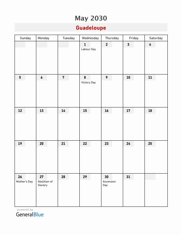 Guadeloupe May 2030 Calendar with Holidays