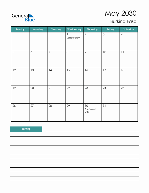 Calendar with Notes Printable - Sunday Start