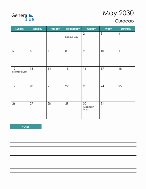 Calendar with Notes Printable - Sunday Start