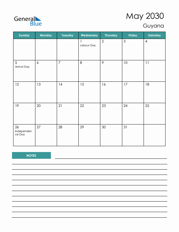 Calendar with Notes Printable - Sunday Start