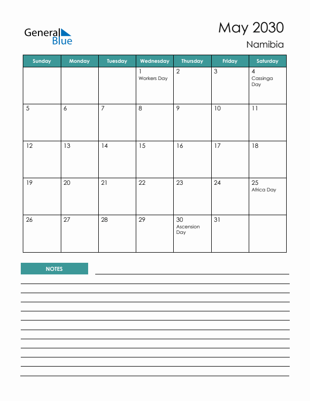 Calendar with Notes Printable - Sunday Start