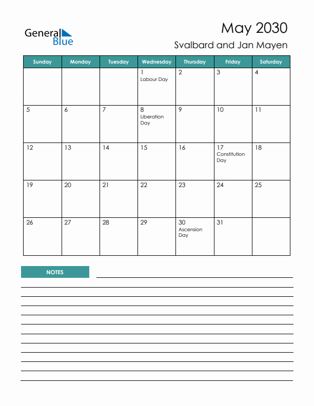 Calendar with Notes Printable - Sunday Start