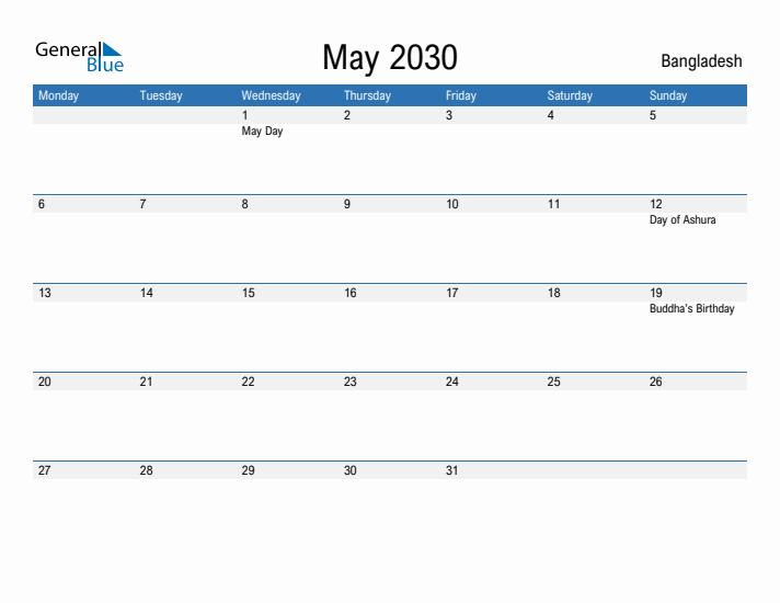 Fillable May 2030 Calendar