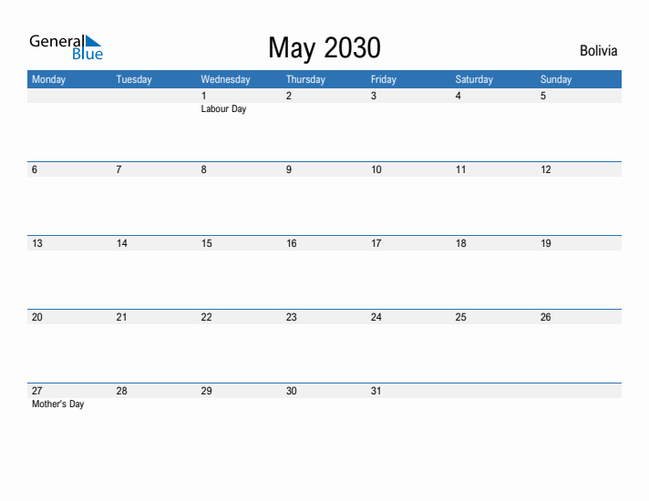 Fillable May 2030 Calendar