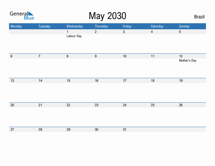 Fillable May 2030 Calendar