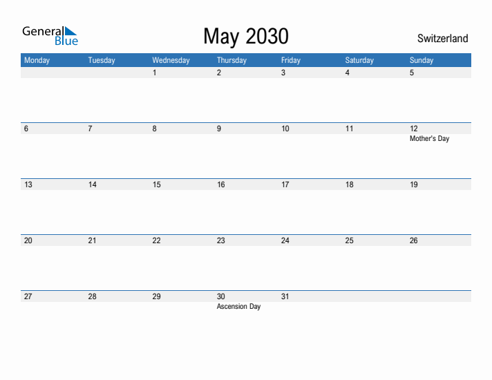 Fillable May 2030 Calendar