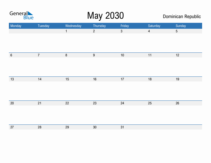 Fillable May 2030 Calendar