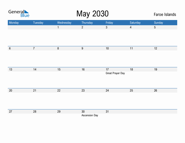 Fillable May 2030 Calendar