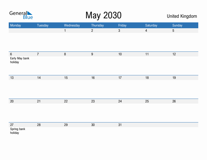 Fillable May 2030 Calendar