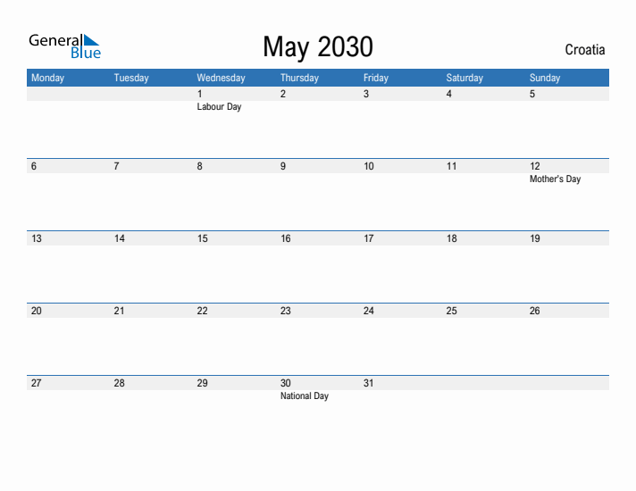 Fillable May 2030 Calendar