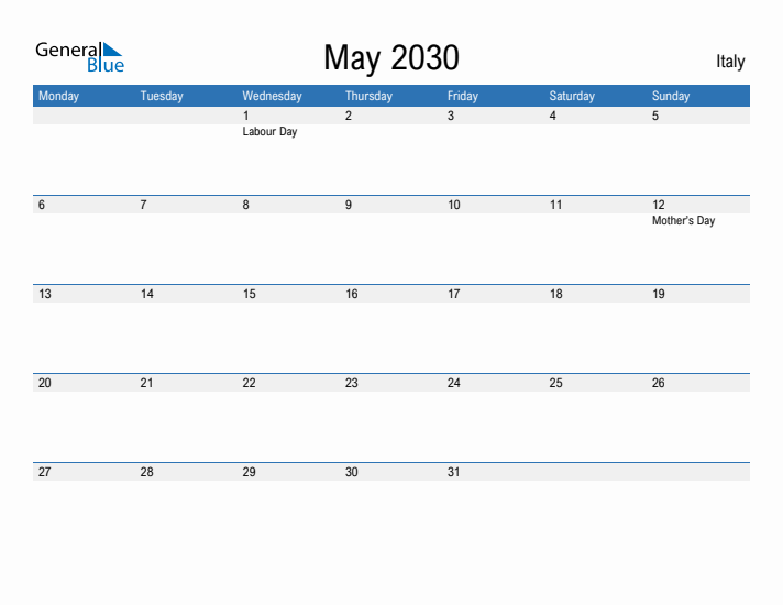 Fillable May 2030 Calendar