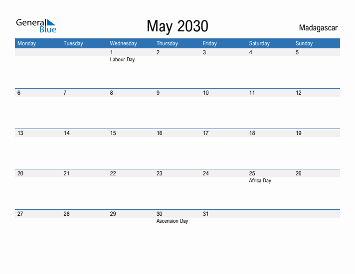 Fillable May 2030 Calendar