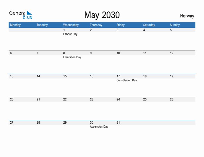 Fillable May 2030 Calendar