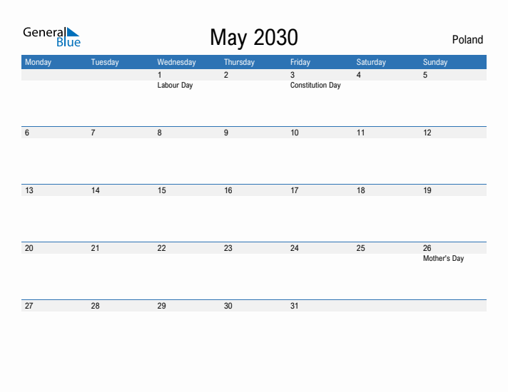 Fillable May 2030 Calendar