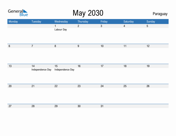 Fillable May 2030 Calendar