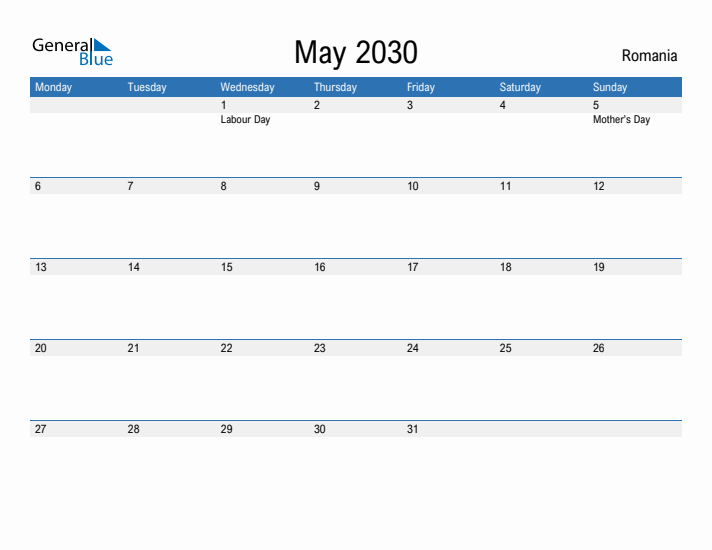 Fillable May 2030 Calendar