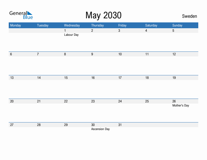 Fillable May 2030 Calendar