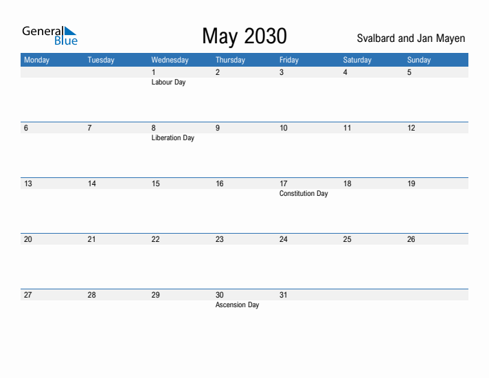 Fillable May 2030 Calendar