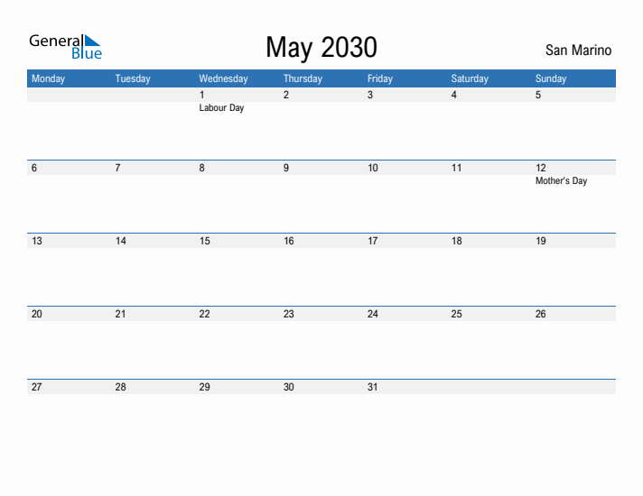 Fillable May 2030 Calendar