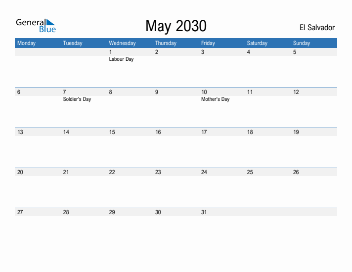 Fillable May 2030 Calendar