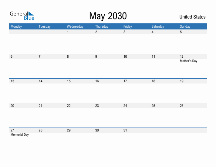 Fillable May 2030 Calendar