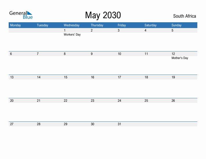 Fillable May 2030 Calendar