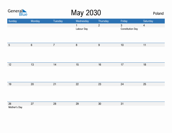 Fillable May 2030 Calendar