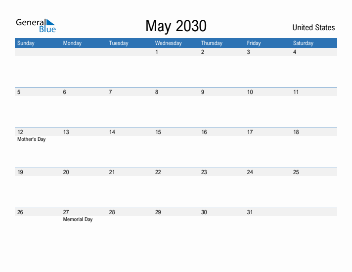 Fillable May 2030 Calendar