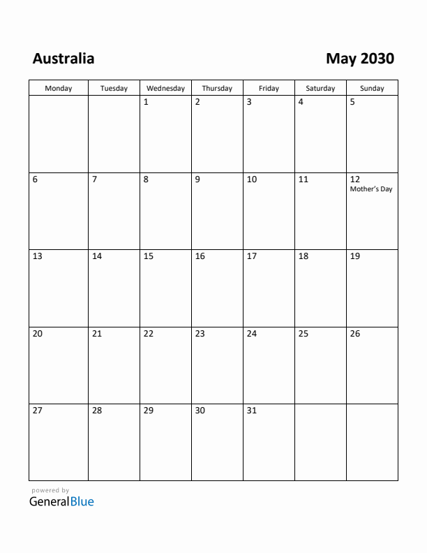 May 2030 Calendar with Australia Holidays