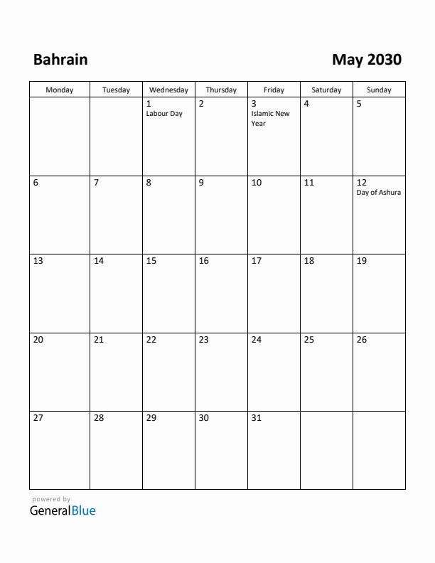 May 2030 Calendar with Bahrain Holidays