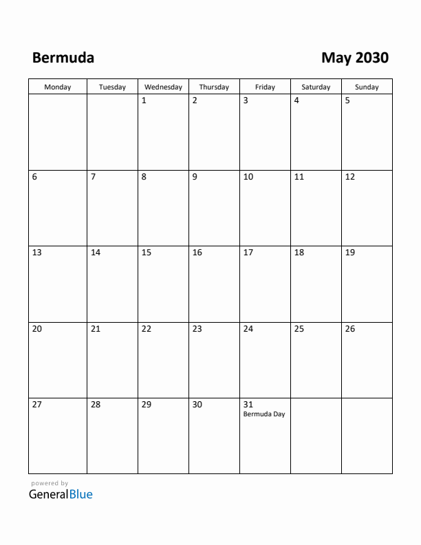 May 2030 Calendar with Bermuda Holidays