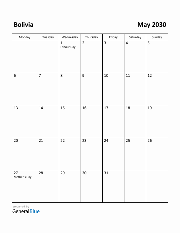 May 2030 Calendar with Bolivia Holidays