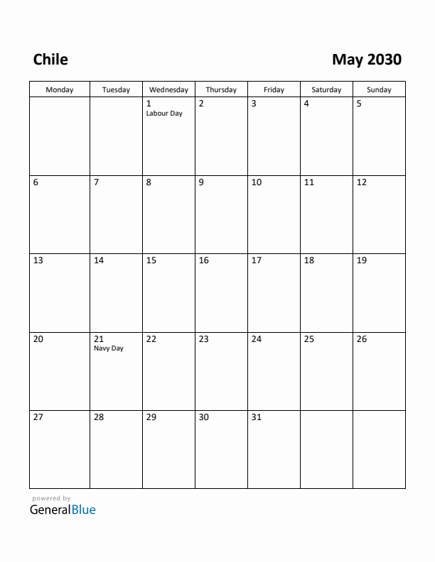 May 2030 Calendar with Chile Holidays