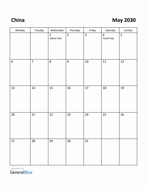 May 2030 Calendar with China Holidays