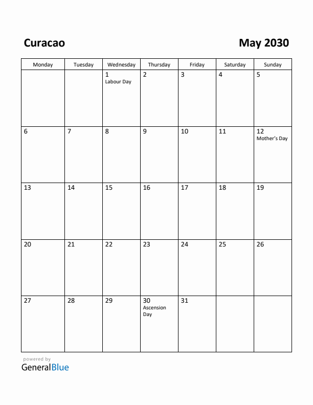 May 2030 Calendar with Curacao Holidays