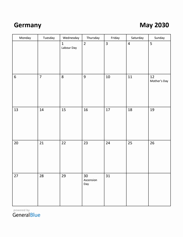 May 2030 Calendar with Germany Holidays