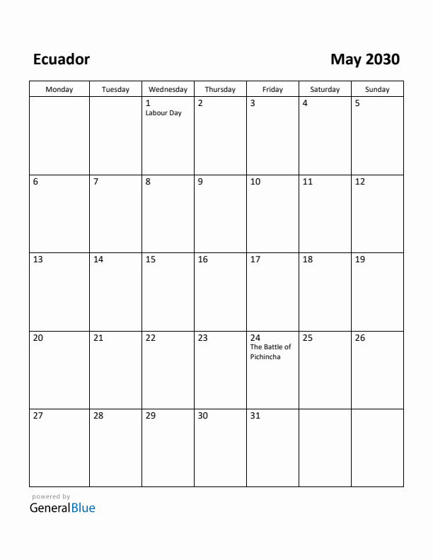 May 2030 Calendar with Ecuador Holidays