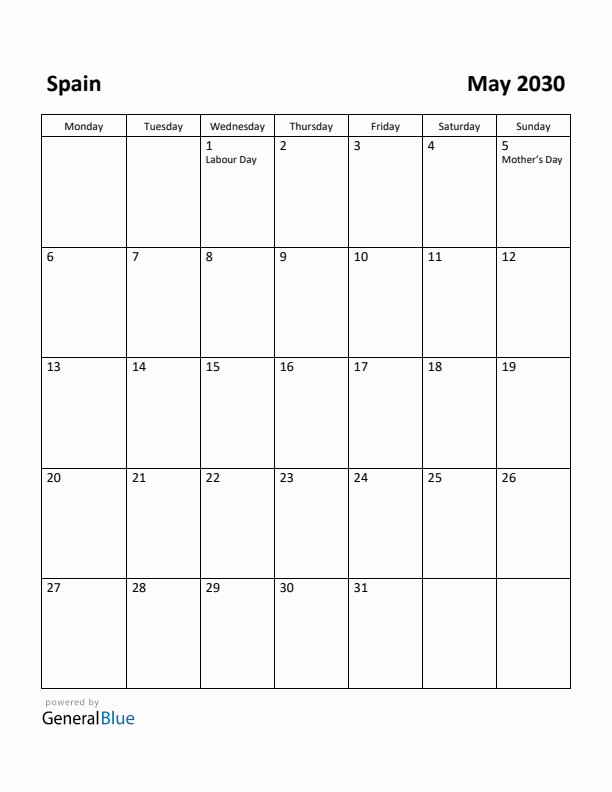 May 2030 Calendar with Spain Holidays