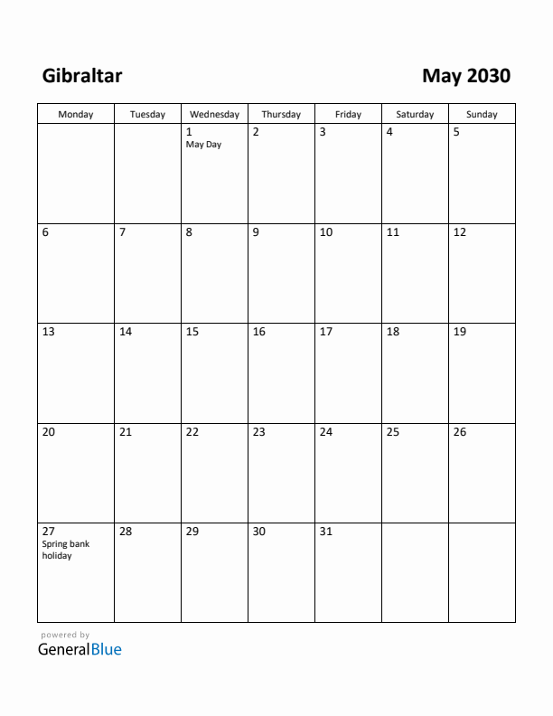 May 2030 Calendar with Gibraltar Holidays