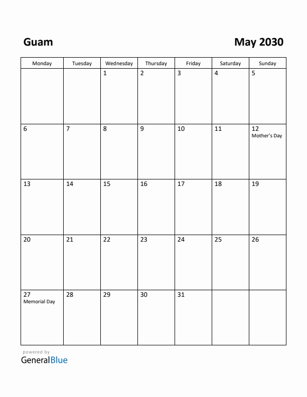 May 2030 Calendar with Guam Holidays