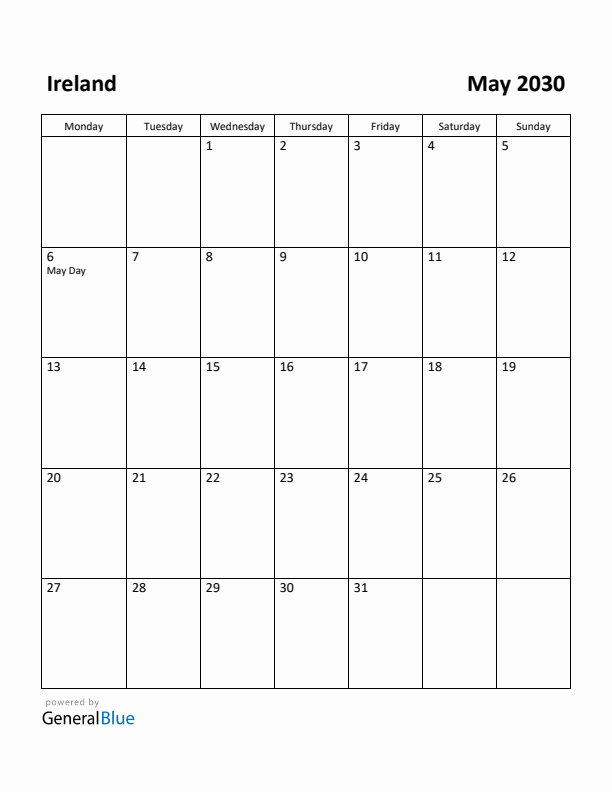 May 2030 Calendar with Ireland Holidays